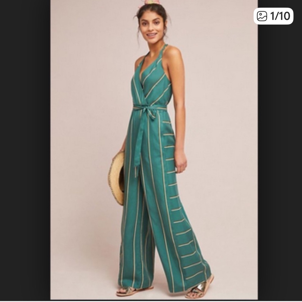 Anthropologie Teal Striped Wide-Leg Jumpsuit